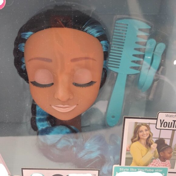 Cute Girls Hairstyles Styling Head Black with Blue Streaks 20 Piece Set NEW! - Picture 4 of 15